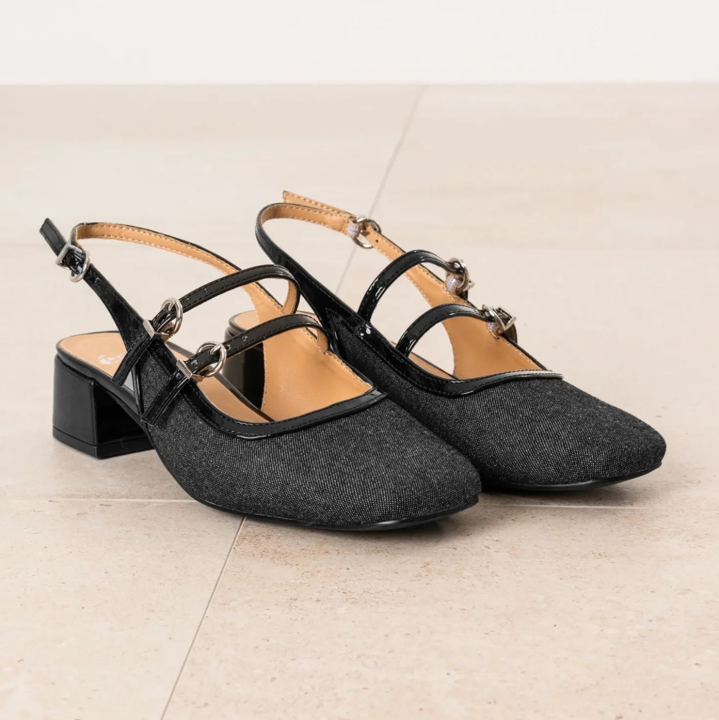 Babies slingback noire denim bi-matière