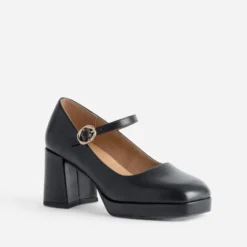 Babies à talon noire cuir à plateforme