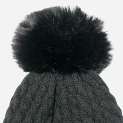 Bonnet TEXTO noir en tricot torsadé à pompon