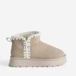Boots beige cuir velours fourré semelle plateforme