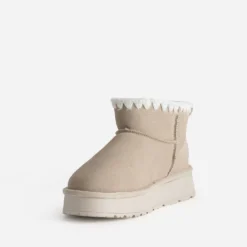 Boots beige cuir velours fourré semelle plateforme