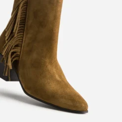 Boots camel cuir velours détail franges