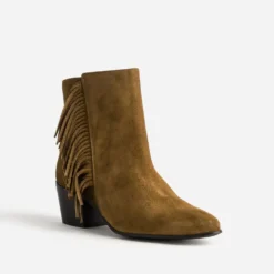 Boots camel cuir velours détail franges