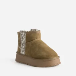 Boots camel cuir velours fourré à plateforme