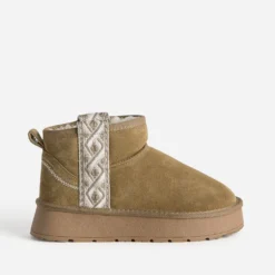 Boots camel cuir velours fourré à plateforme