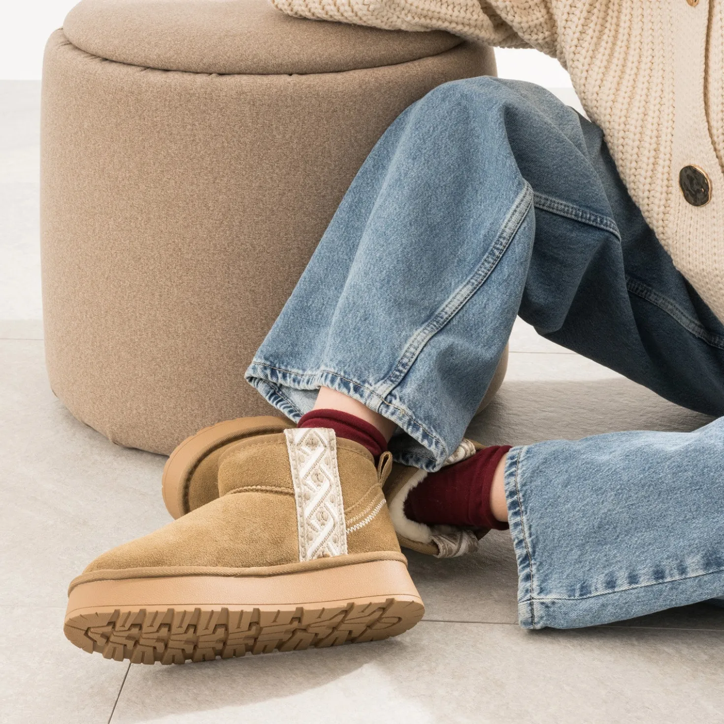 Boots camel cuir velours fourré à plateforme
