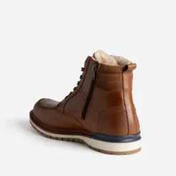 Boots cranté fourré en cuir cognac