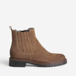 Boots fourré en cuir marron à semelle cranté