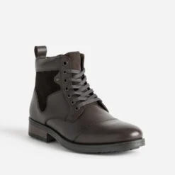 Boots à lacet marron cuir talon effet bois
