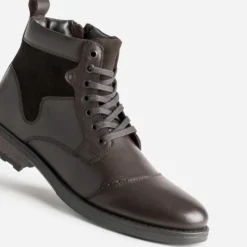 Boots à lacet marron cuir talon effet bois