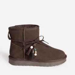 Boots marron cuir velours fourré détails perles
