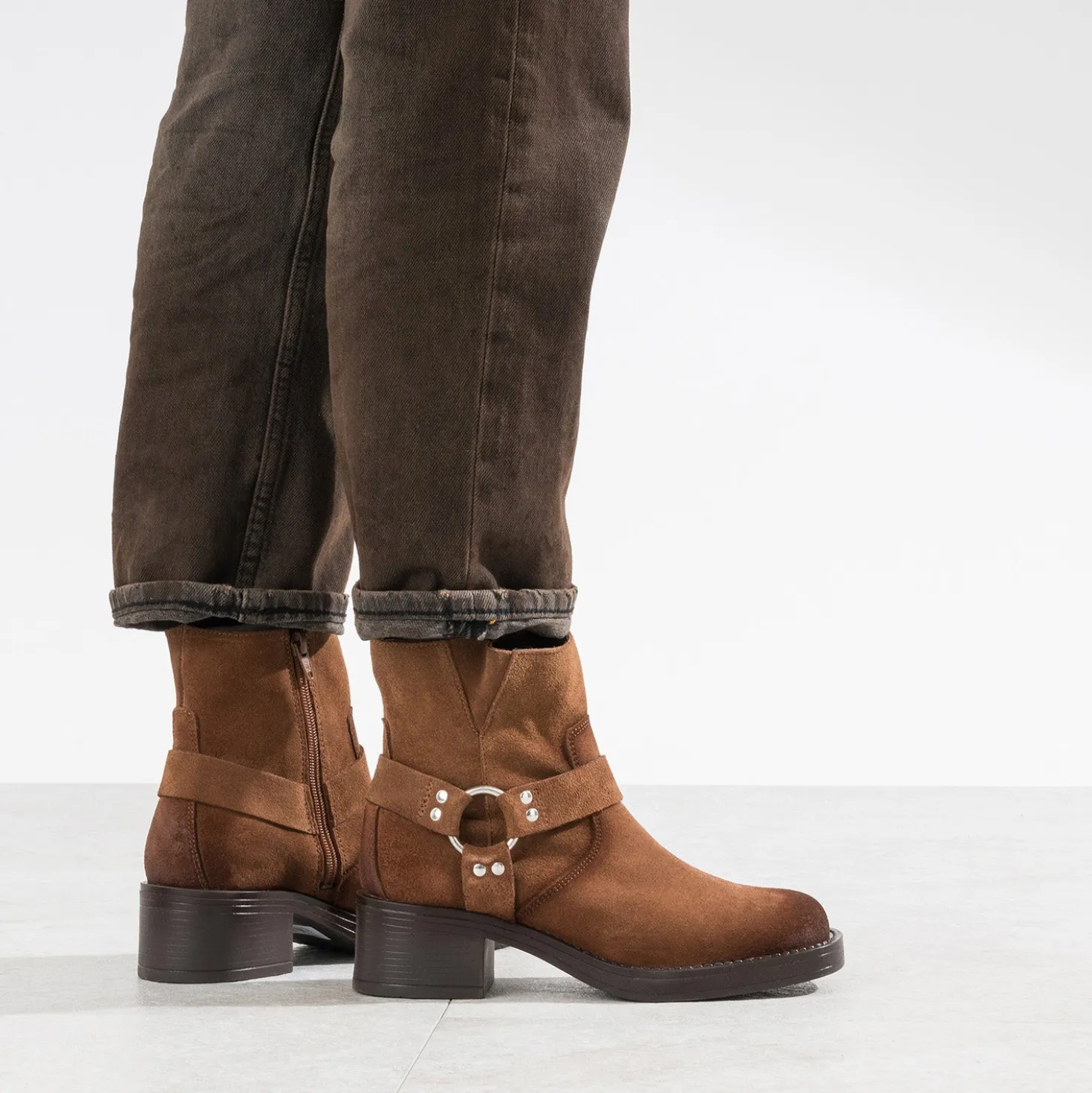 Boots motard TEXTO marron cuir velours
