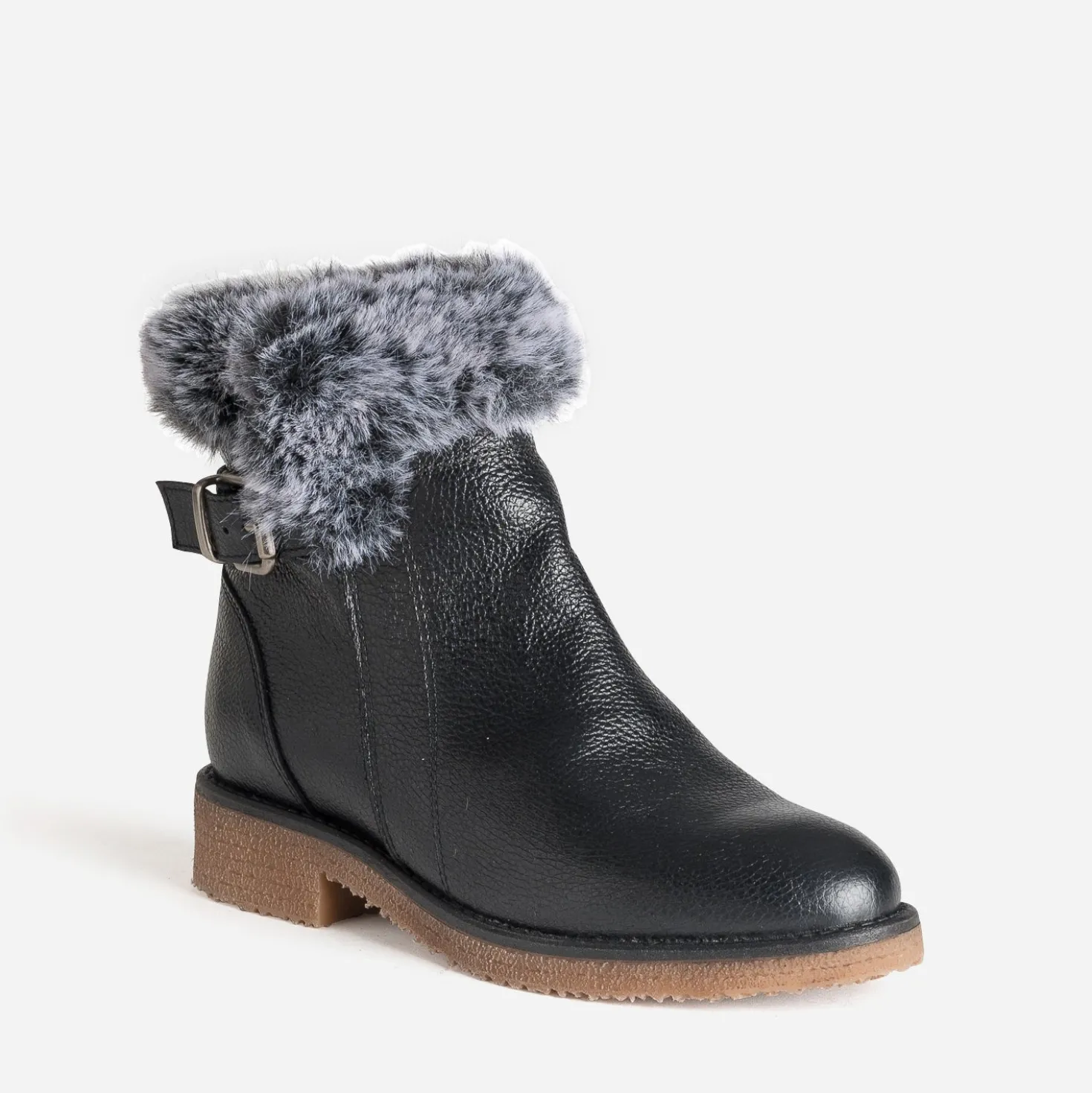 Boots noir cuir bride et tige fourrée