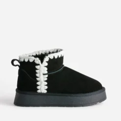 Boots noir cuir velours fourré semelle plateforme