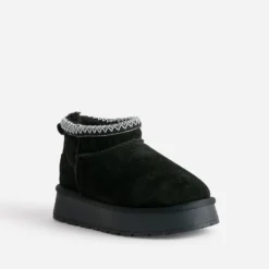 Boots noir cuir velours fourré à plateforme