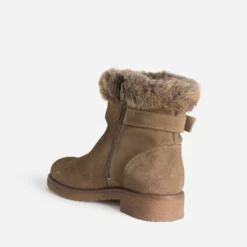 Boots taupe cuir velours bride et tige fourrée
