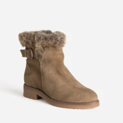 Boots taupe cuir velours bride et tige fourrée