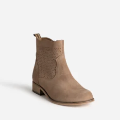 Boots taupe cuir velours détails ajourés