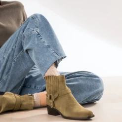 Boots taupe cuir velours esprit motard