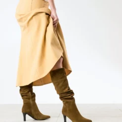 Botte camel cuir velours tige froncée