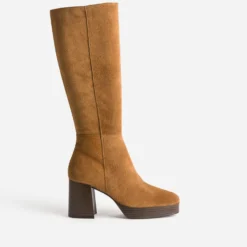 Botte cognac en cuir à plateforme pour mollets fins