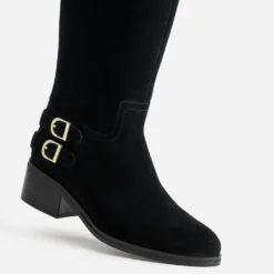 Botte noire cuir velours boucles sur contrefort