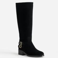 Botte noire cuir velours boucles sur contrefort