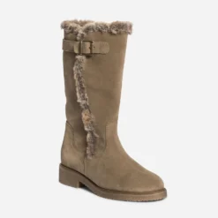 Botte taupe en cuir velours fourré