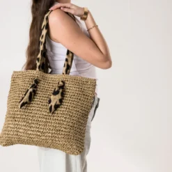 Cabas beige paille papier anses-foulard