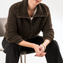 Cardigan ERAM WEAR marron tricot col camionneur