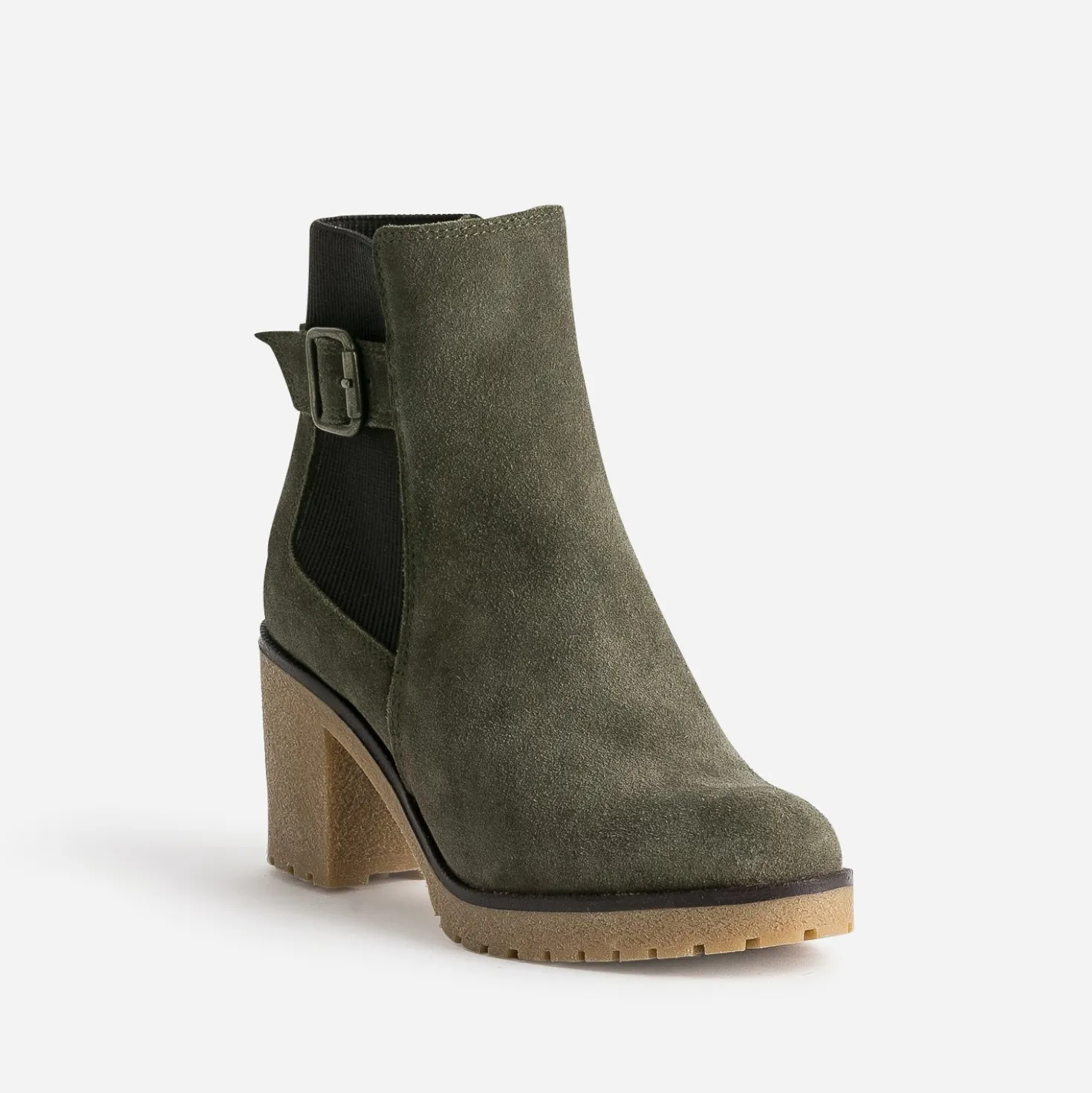 Chelsea boots kaki cuir velours semelle effet gomme