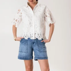 Chemise manches courtes TEXTO blanche dentelle