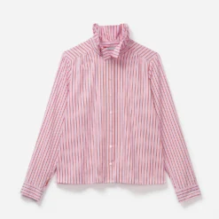 Chemise rayée rose à col volanté