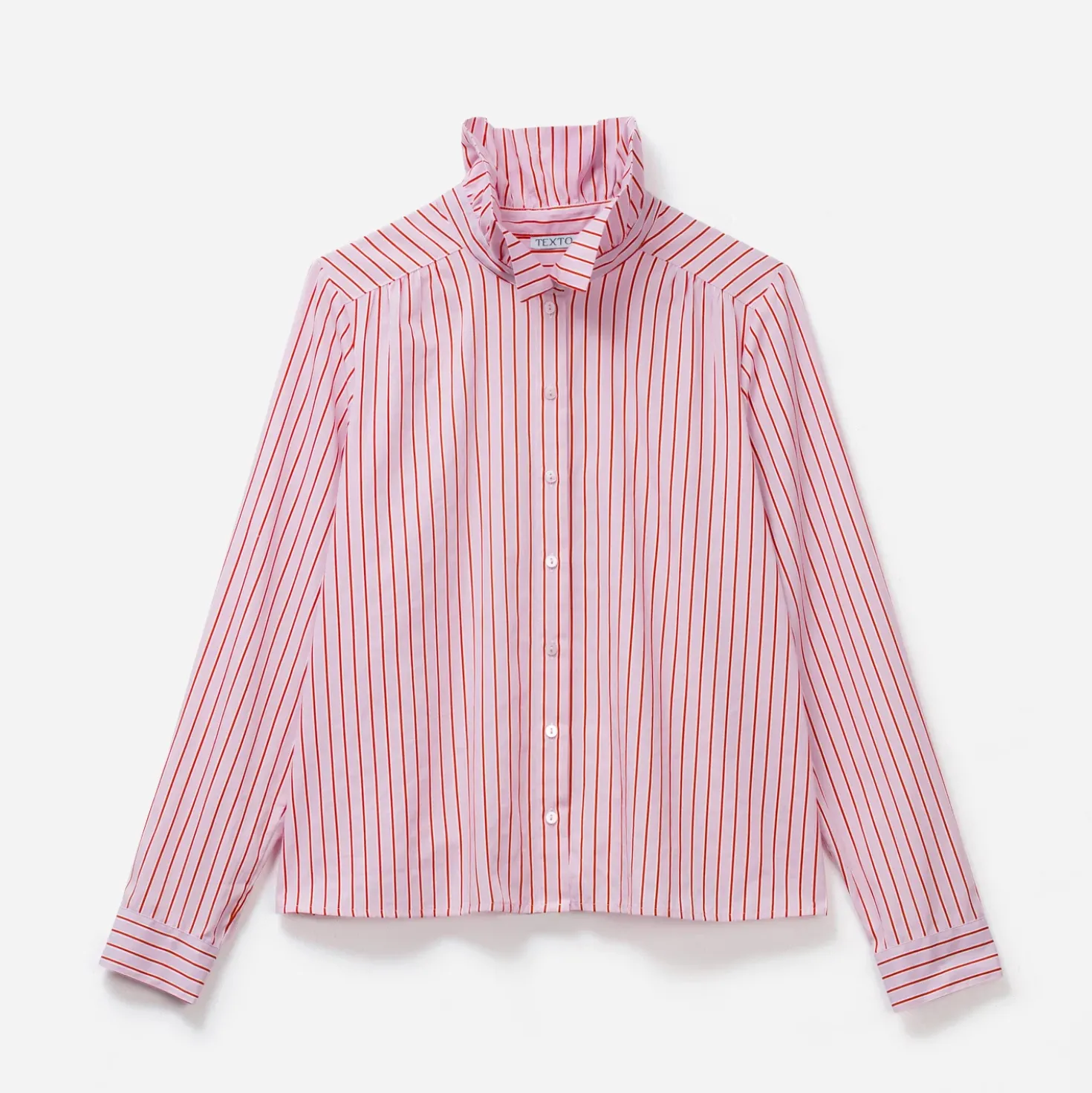 Chemise rayée rose à col volanté