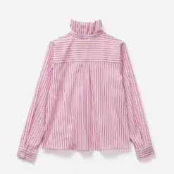 Chemise rayée rose à col volanté