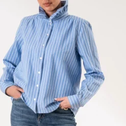 Chemise TEXTO bleue motif rayures col victorien