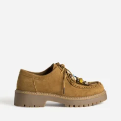 Derby plateau camel cuir velours détails perles