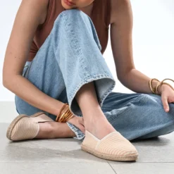 Espadrille beige toile rayée jaune