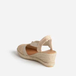 Espadrille compensée beige et camel pailleté or en toile