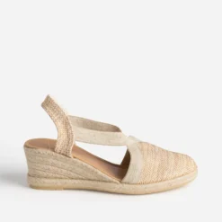 Espadrille compensée beige et camel pailleté or en toile