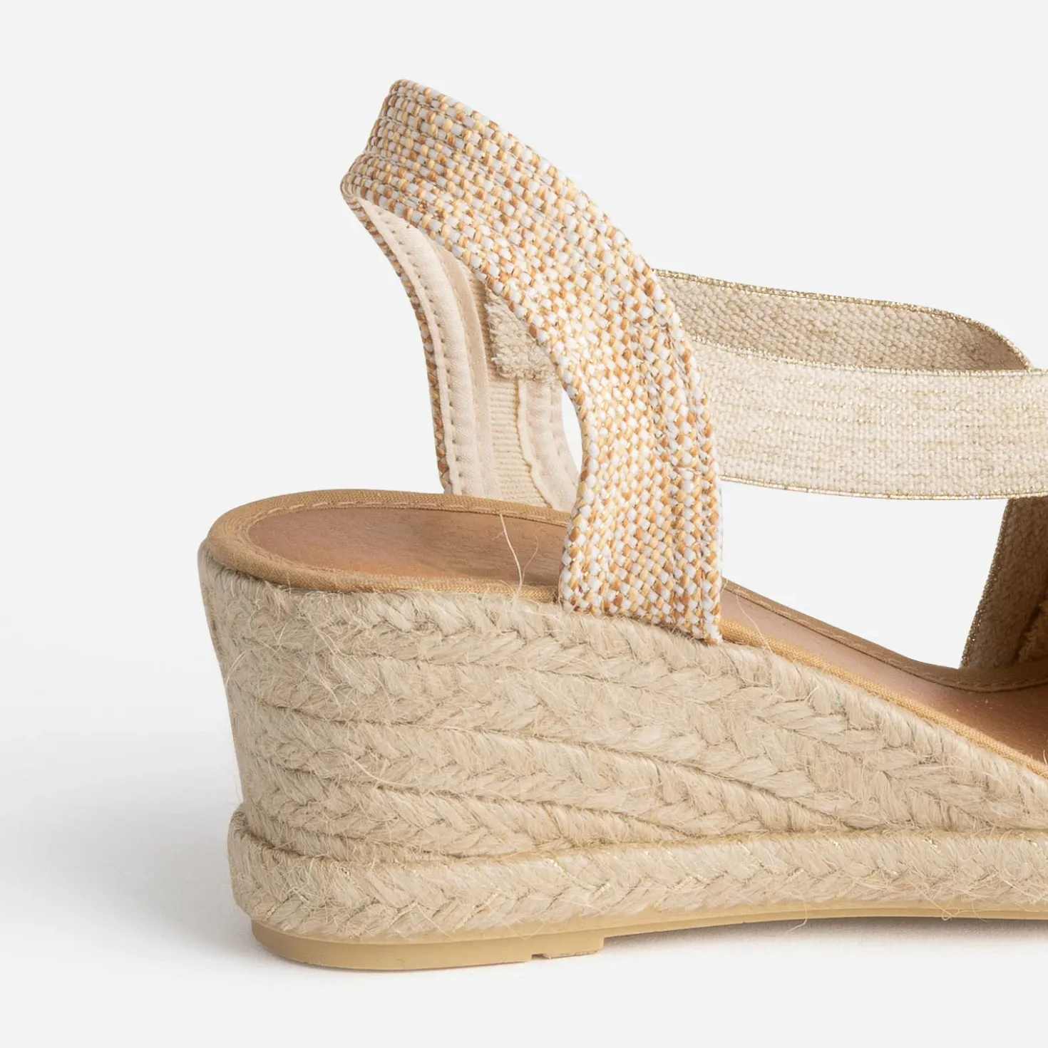 Espadrille compensée beige et camel pailleté or en toile