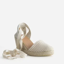Espadrille compensée écrue toile rayée taupe