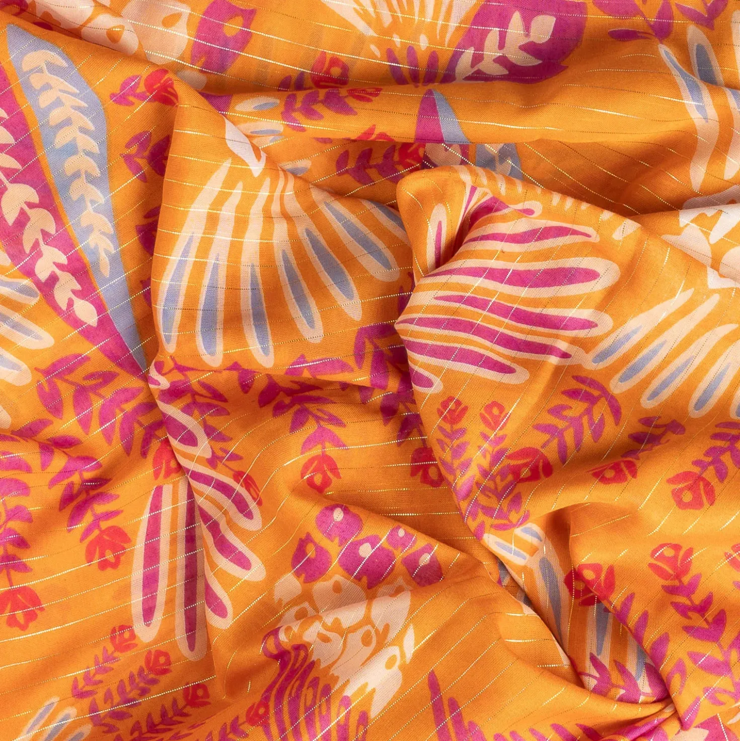 Foulard TEXTO orange motif floral et rayures dorées