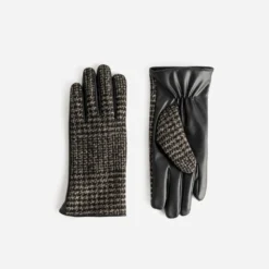 Gants noirs bi-matière à motif carreaux