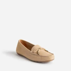 Mocassin beige cuir velours petit nœud