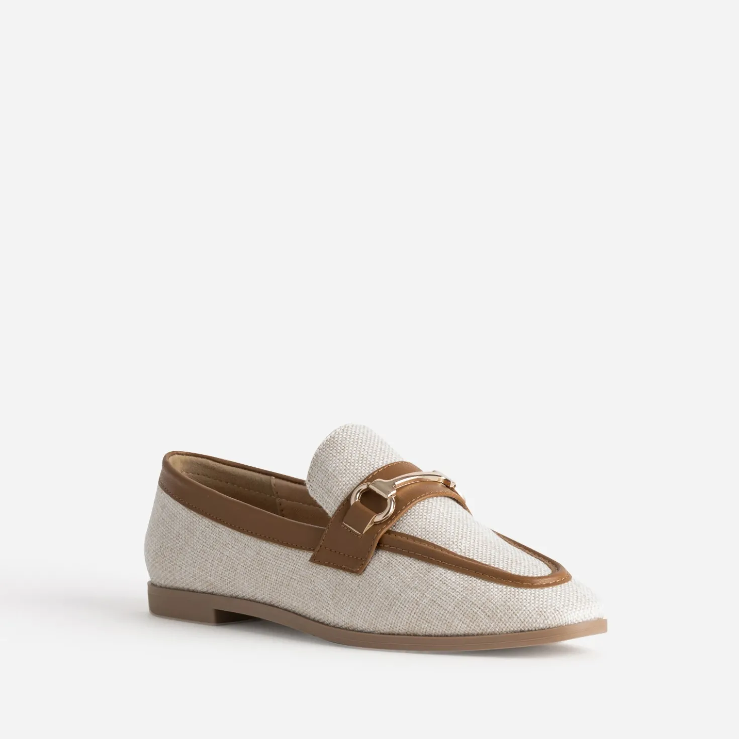 Mocassin bi-matière beige lin et cognac