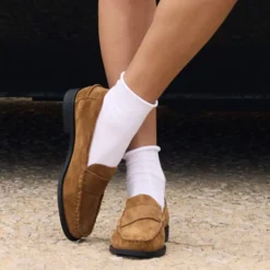 Mocassin camel cuir velours souple