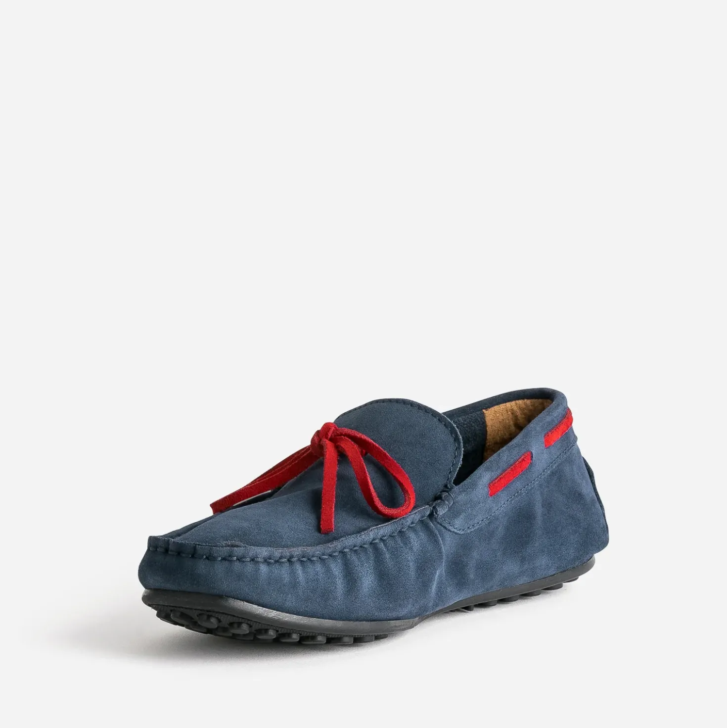 Mocassin marine cuir velours lacet rouge
