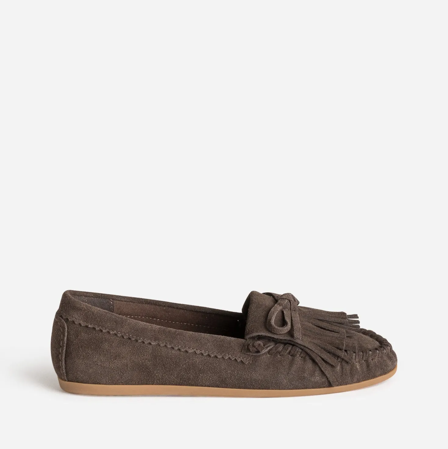 Mocassin marron cuir velours patte frangée