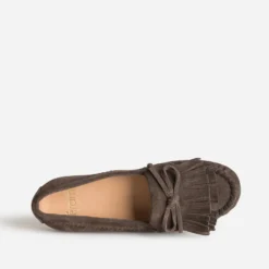 Mocassin marron cuir velours patte frangée